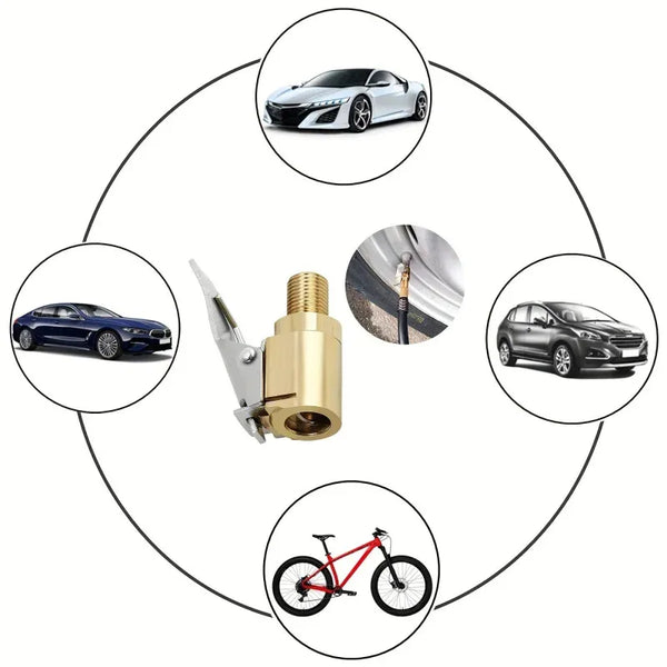 A diagram showing various tools and accessories related to a brass locking nozzle tire air chuck clip adapter.
