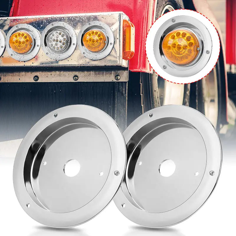 Two chrome LED marker and turn signal lights for trucks and trailers shown next to a vehicle component.