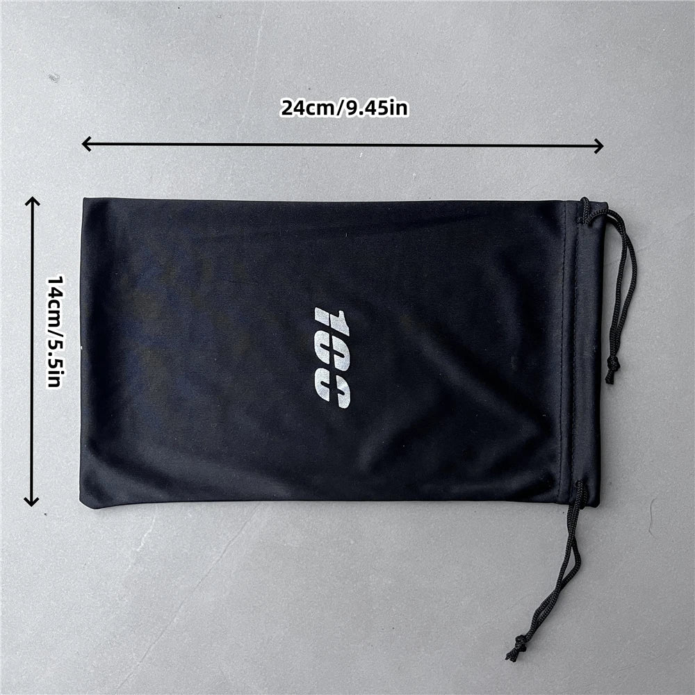 Black off-road motorcycle goggles packaged in a black pouch.
