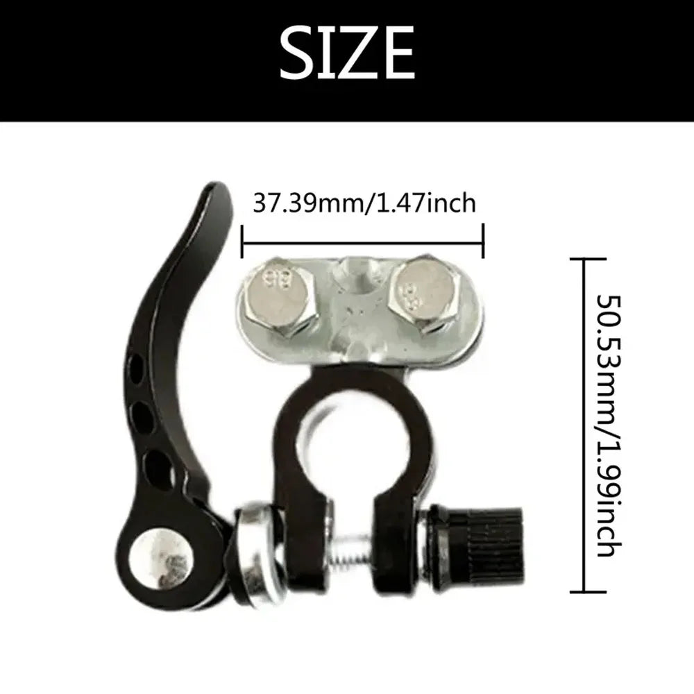 A pair of black quick-release car battery terminal connectors with a 50.53mm length shown for size reference.