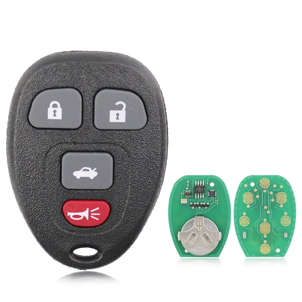 A black replacement remote key fob with two lock buttons and a red button, next to the circuit board components.