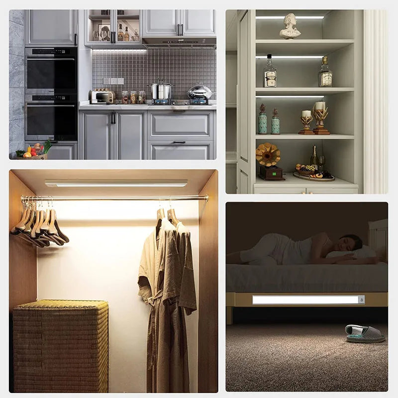 A collection of interior shots showing a modern kitchen cabinet, a closet shelf, and a bedroom with under-bed lighting.