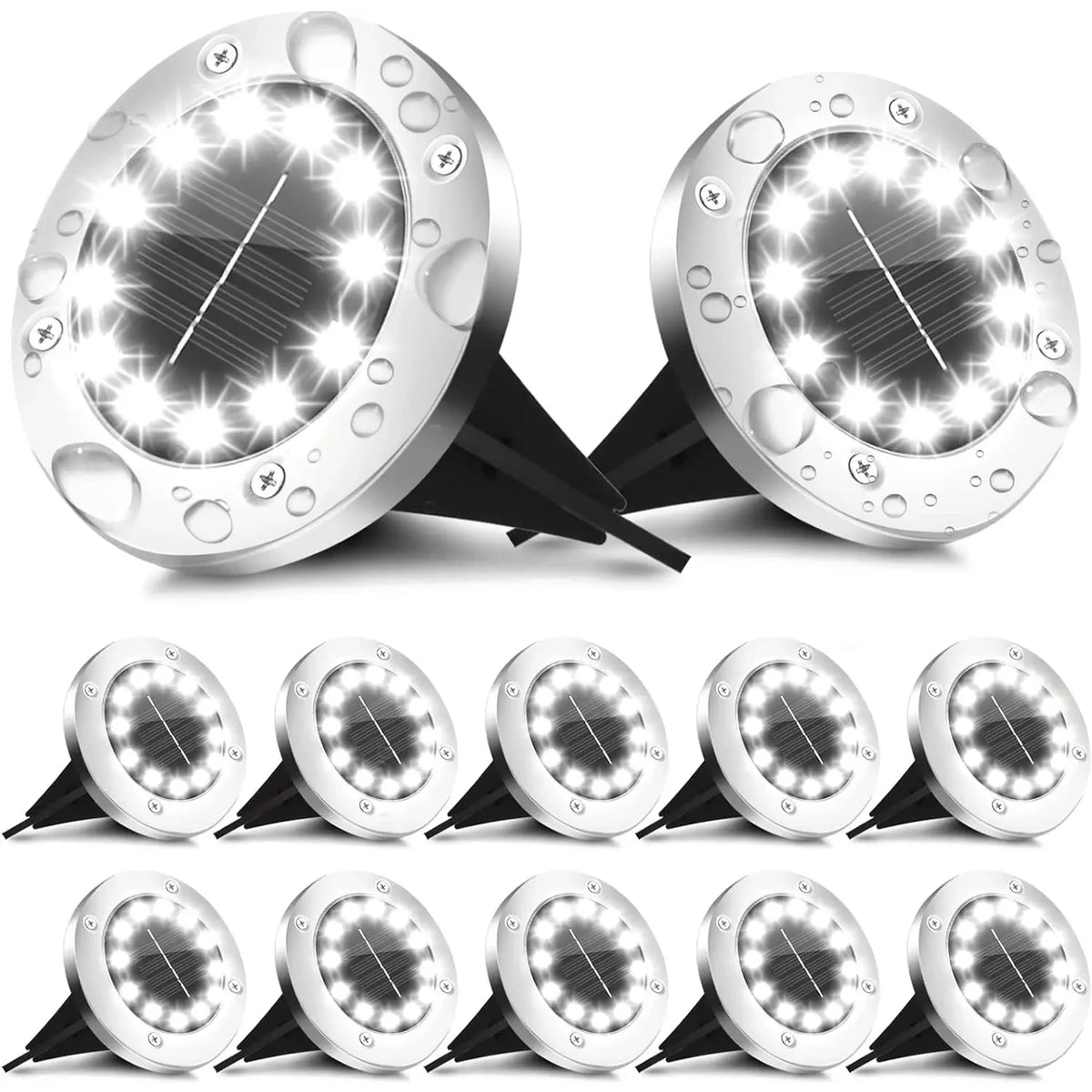 A set of solar pathway lights featuring waterproof stainless steel and ABS components.