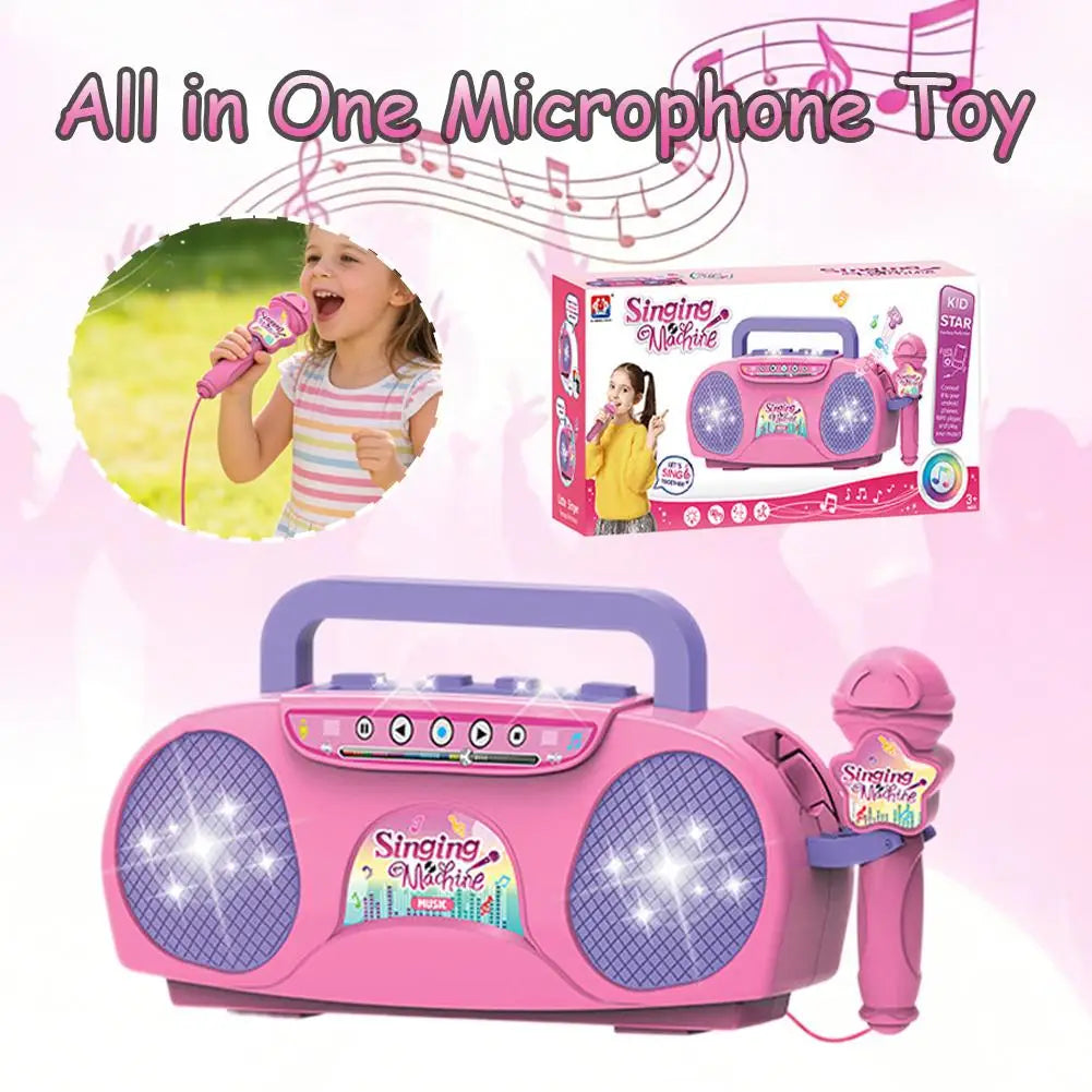 A pink singing microphone toy with light effects and a handheld microphone is shown next to its packaging.