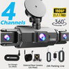 A multi-lens dash camera is shown with accessories like a car charger and external rear camera.