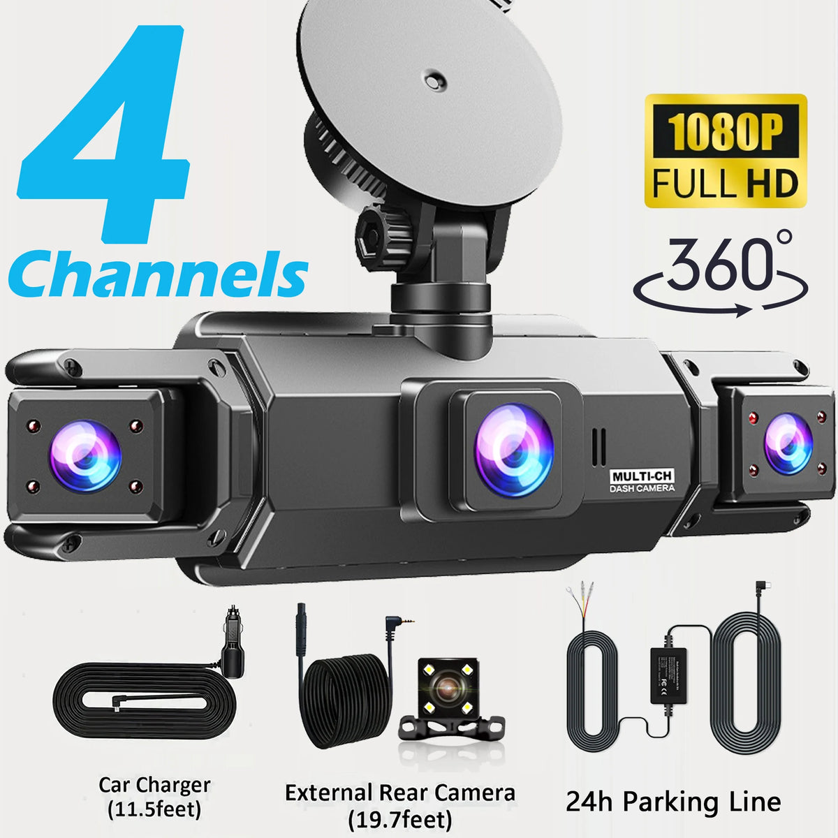 A multi-lens dash camera is shown with accessories like a car charger and external rear camera.