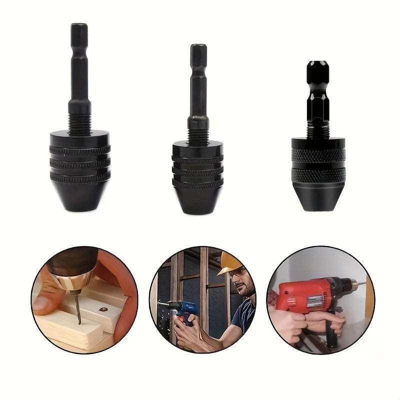 Three views of a black quick-change hex shank drill chuck with a round handle tool.