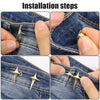 Installation steps showing how to attach Y2K star waist tightener clips to denim jeans.