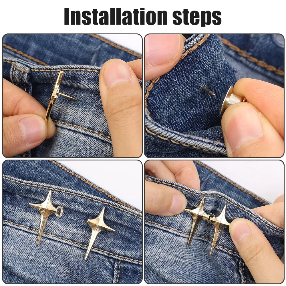 Installation steps showing how to attach Y2K star waist tightener clips to denim jeans.