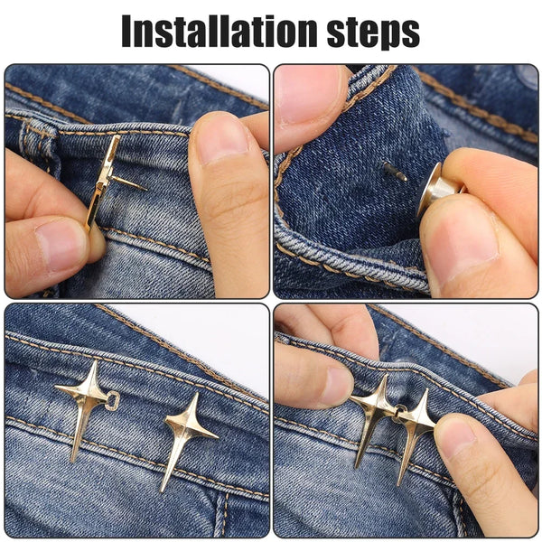 Installation steps showing how to attach Y2K star waist tightener clips to denim jeans.