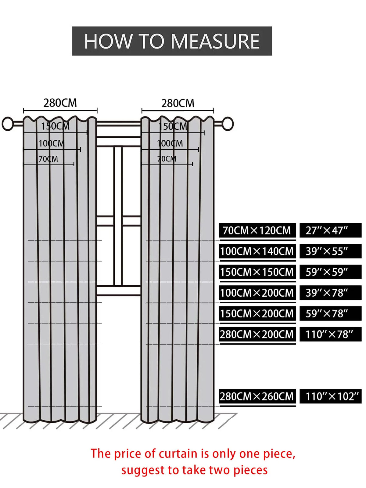 Diagram showing how to measure a curtain panel, illustrating various height and width measurements for installation.