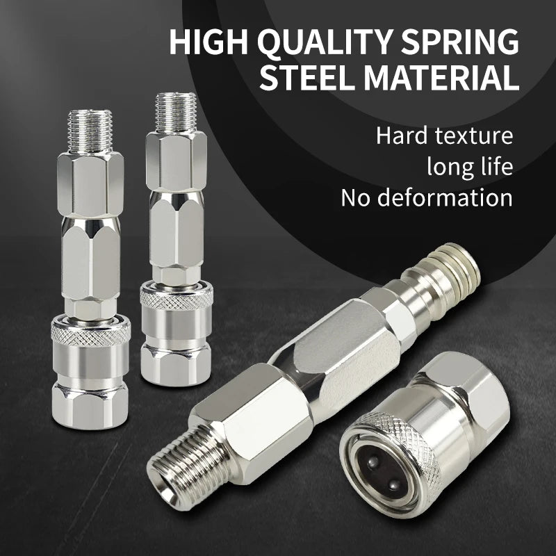 Three high quality spring steel swivel connectors for airless spray hoses shown on a dark background.
