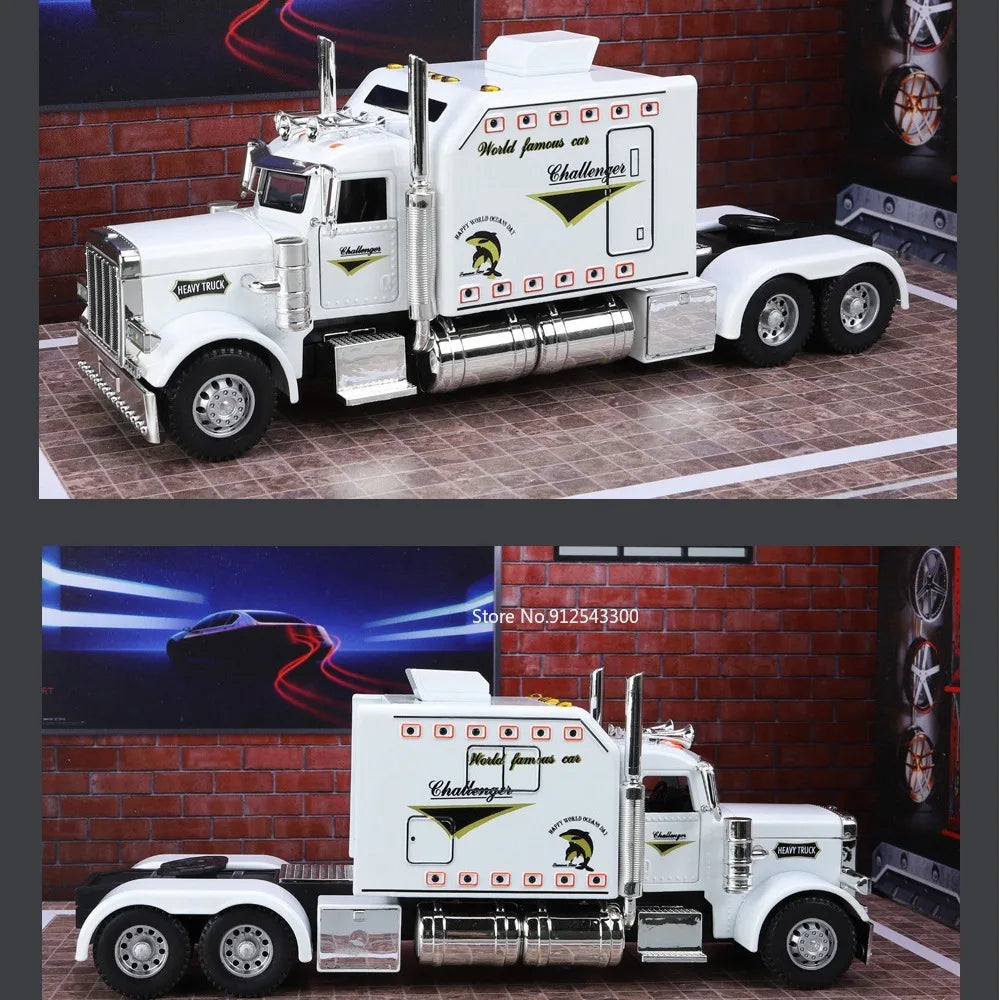 A white 1:24 scale diecast Peterbilt 389 heavy truck model with pull-back action, sound, and lights displayed on a brick back
