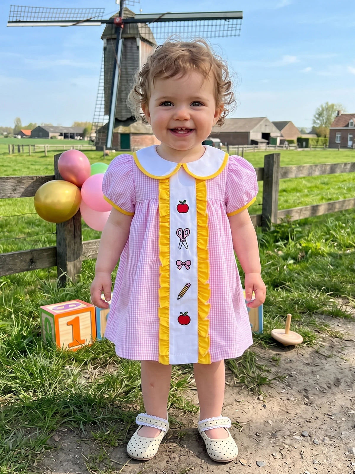 Girls Embroidered Plaid A-Line Dress with Peter Pan Collar