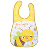 Yellow and white wipeable baby bib with a catch-all pocket featuring a bee design.