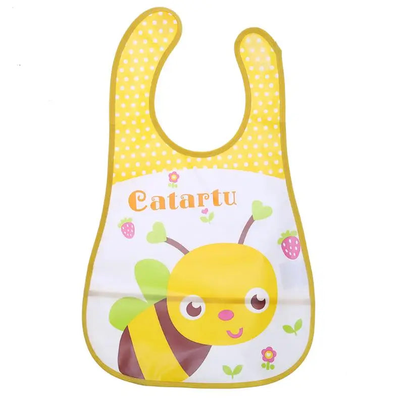 Yellow and white wipeable baby bib with a catch-all pocket featuring a bee design.