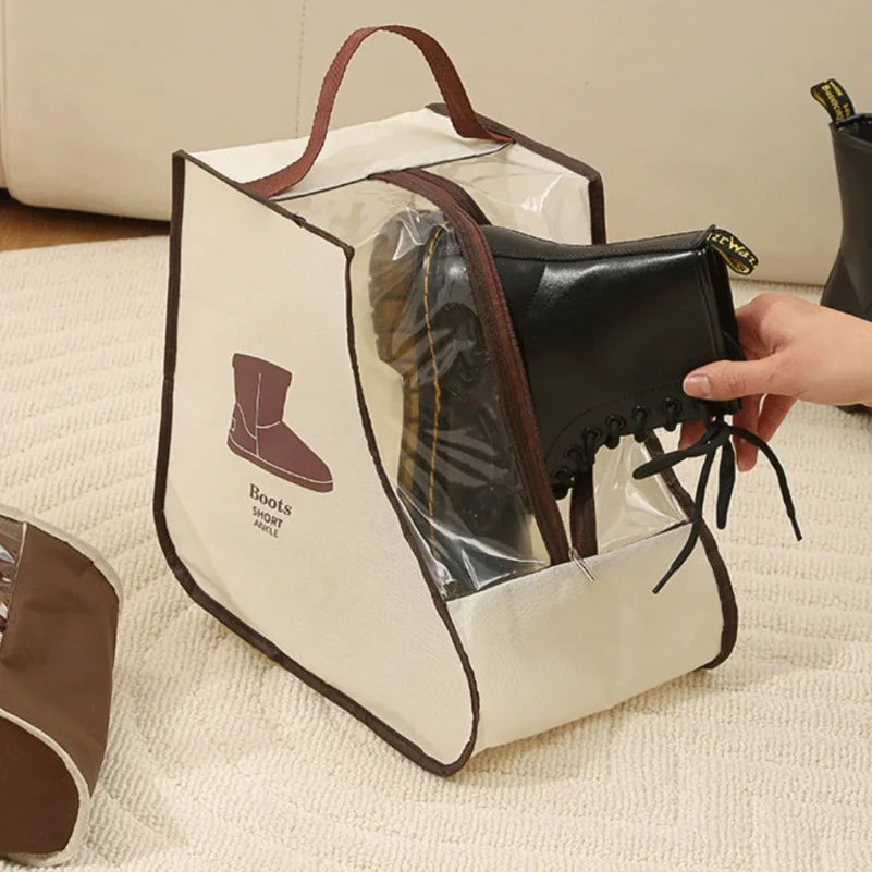 A beige storage bag with a brown handle is shown open, revealing a black boot inside.