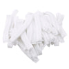 A pile of white disposable non-woven hair net caps.