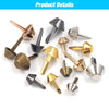 A collection of various metal bag bottom feet studs in different finishes and angles for leather craft protection.