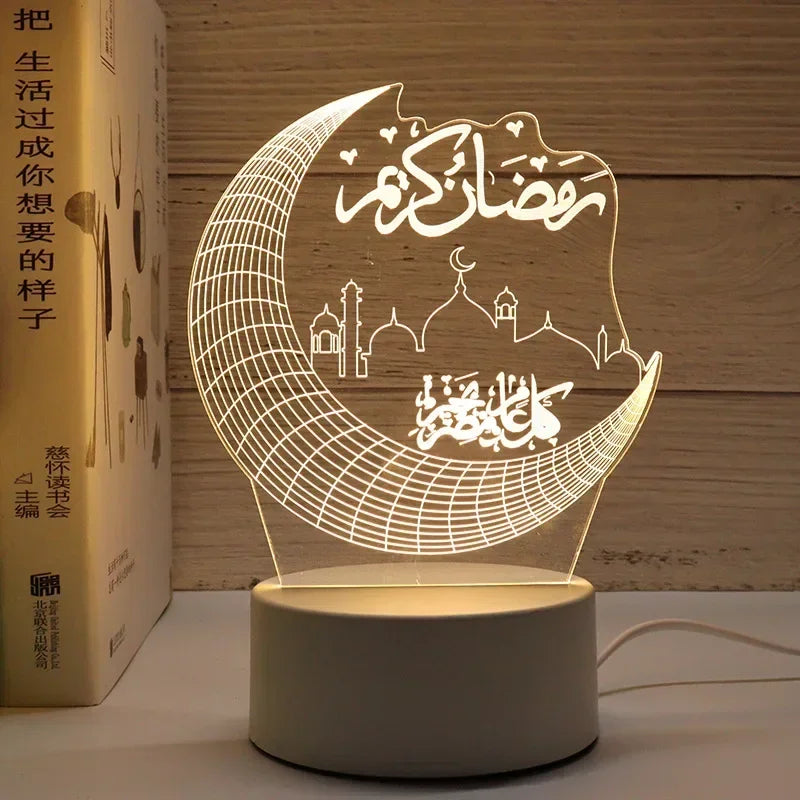 A glowing crescent moon design on acrylic featuring Arabic calligraphy, used as an Eid Mubarak night light.