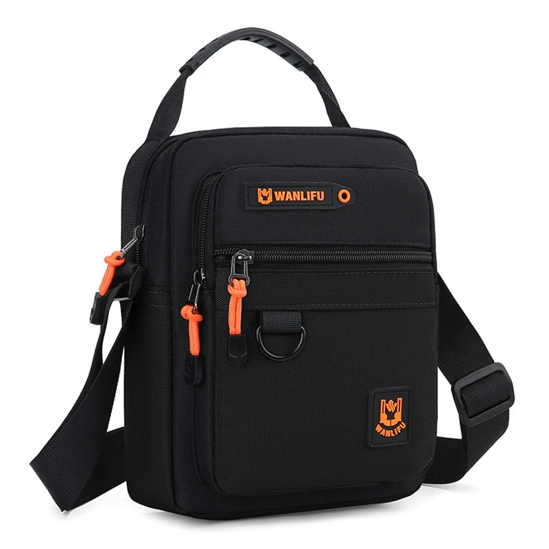Black waterproof crossbody bag with adjustable strap and zipper details