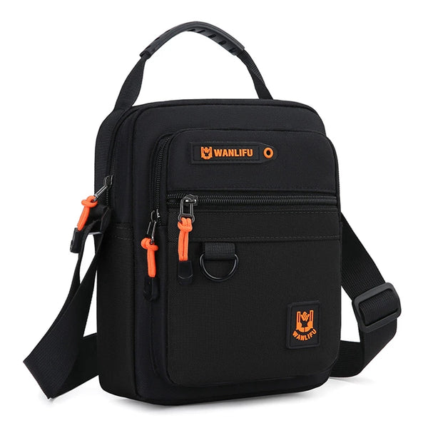 Black waterproof crossbody bag with adjustable strap and zipper details