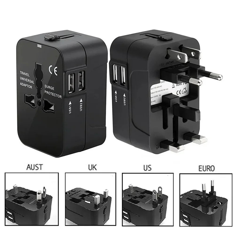 Universal Multi-Voltage Travel Adapter with Dual USB Ports