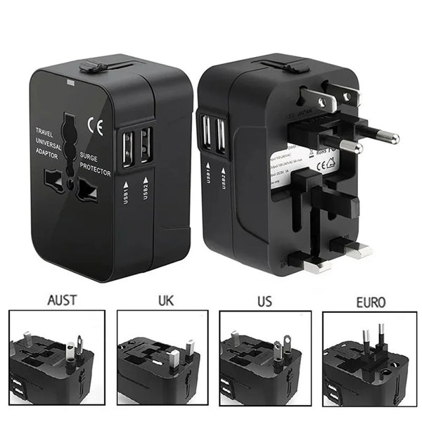 محول سفر عالمي أسود مع منافذ USB متعددة لجهود مختلفة تشمل مقابس أستر، بريطانيا، أمريكا، وأوروبا.