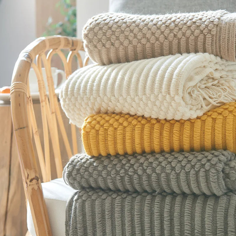 Khaki Knitted Throw Blanket with Tassels