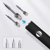 A cordless USB-C soldering iron and three tips are shown next to a black tool body.