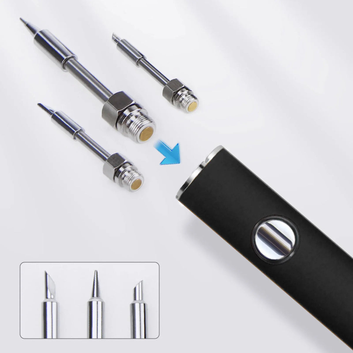 A cordless USB-C soldering iron and three tips are shown next to a black tool body.