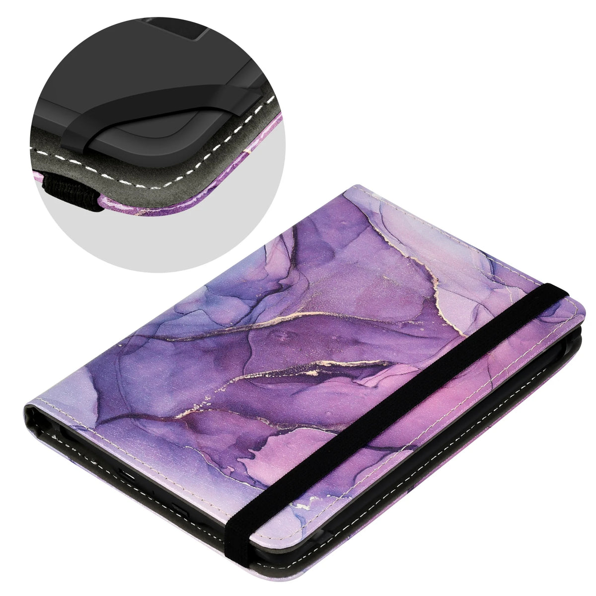 Purple marble-patterned e-reader case with a black hand strap.