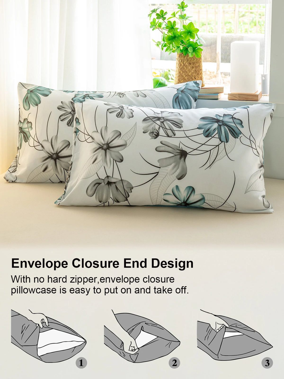 A close-up of a pillowcase featuring a teal and grey watercolor floral design, demonstrating the envelope closure end design.