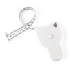 A white automatic locking body measuring tape with a soft retractable design shown next to the tape.