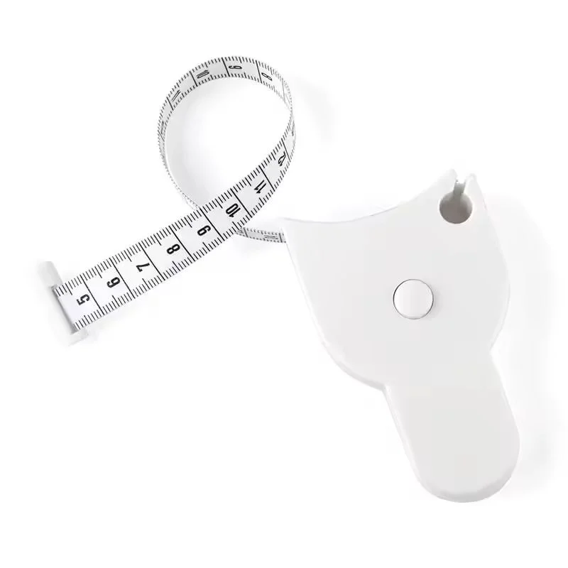 A white automatic locking body measuring tape with a soft retractable design shown next to the tape.