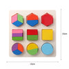 A wooden puzzle board featuring various geometric shapes and numbers in different colors for toddlers.