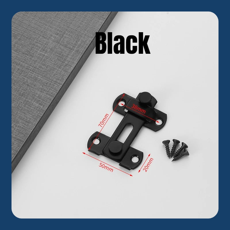 A black stainless steel sliding door latch lock with mounting hardware shown on a white surface.
