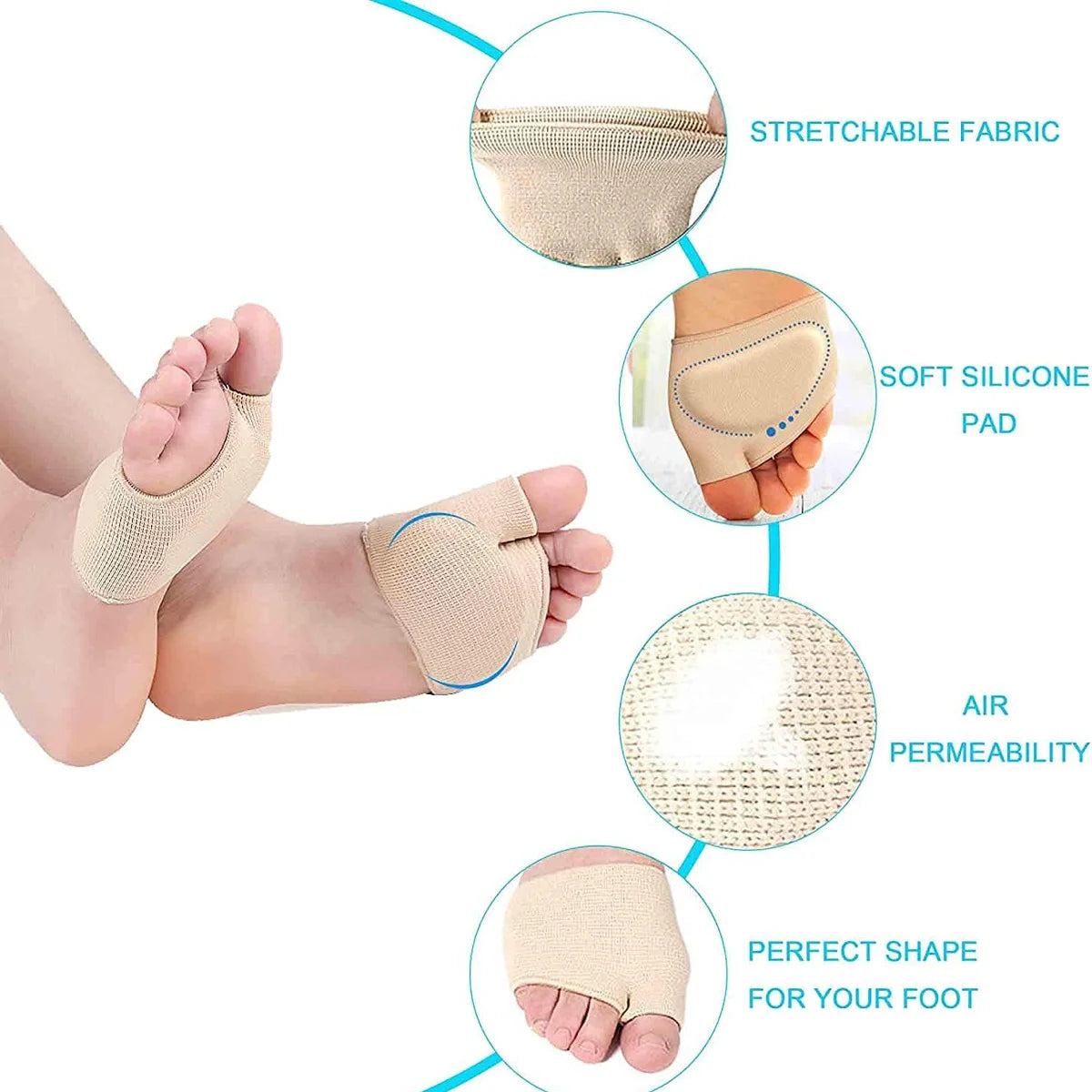 A beige stretchable fabric forefoot cushion pad with a soft silicone pad for foot pain relief.