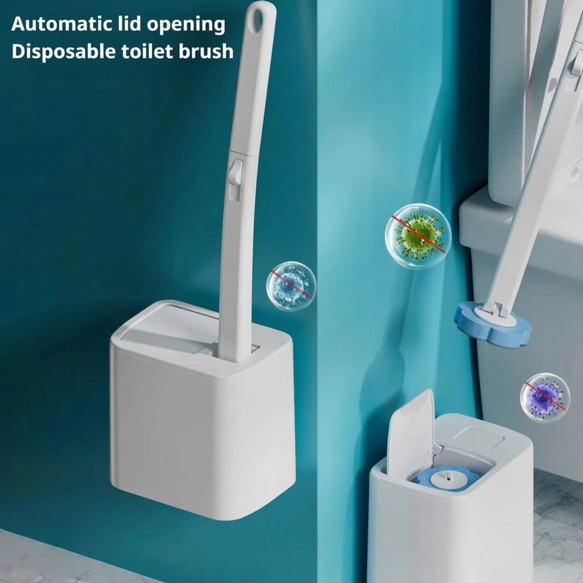 A white wall-mounted toilet brush dispenser with a long handle and a disposable brush head is shown against a teal wall.