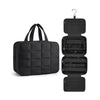 Black portable hanging toiletry bag with waterproof design displayed against a white background.