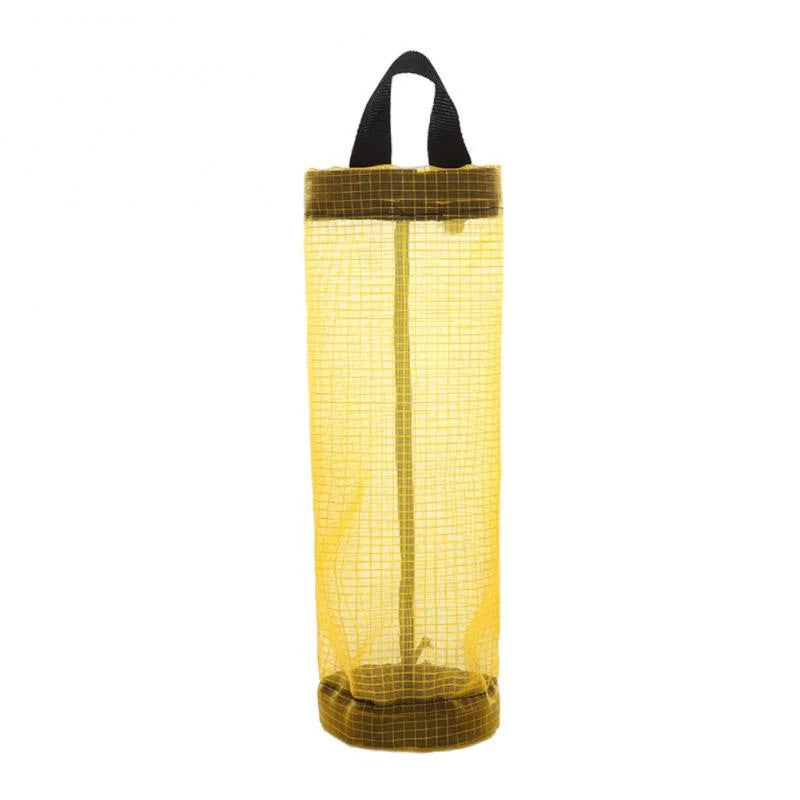 Yellow mesh plastic bag dispenser with a black handle and top