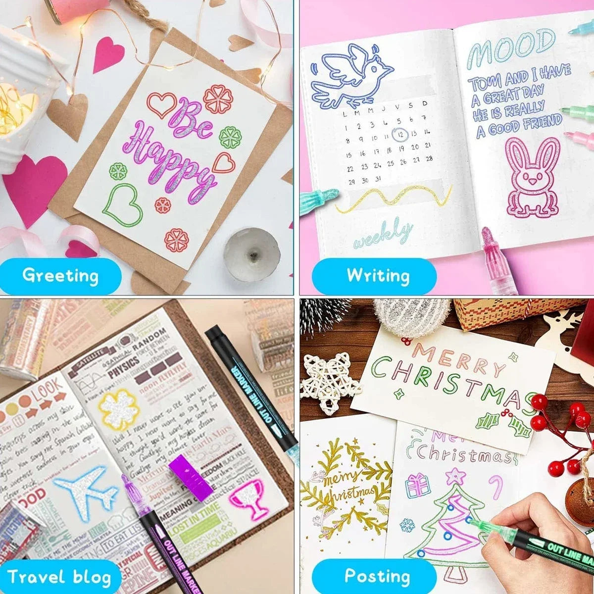 Double Line Outline Pens with Metallic Glitter (Set of 8)