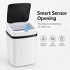 A white smart sensor touchless trash can with a black lid, demonstrating automatic opening features.