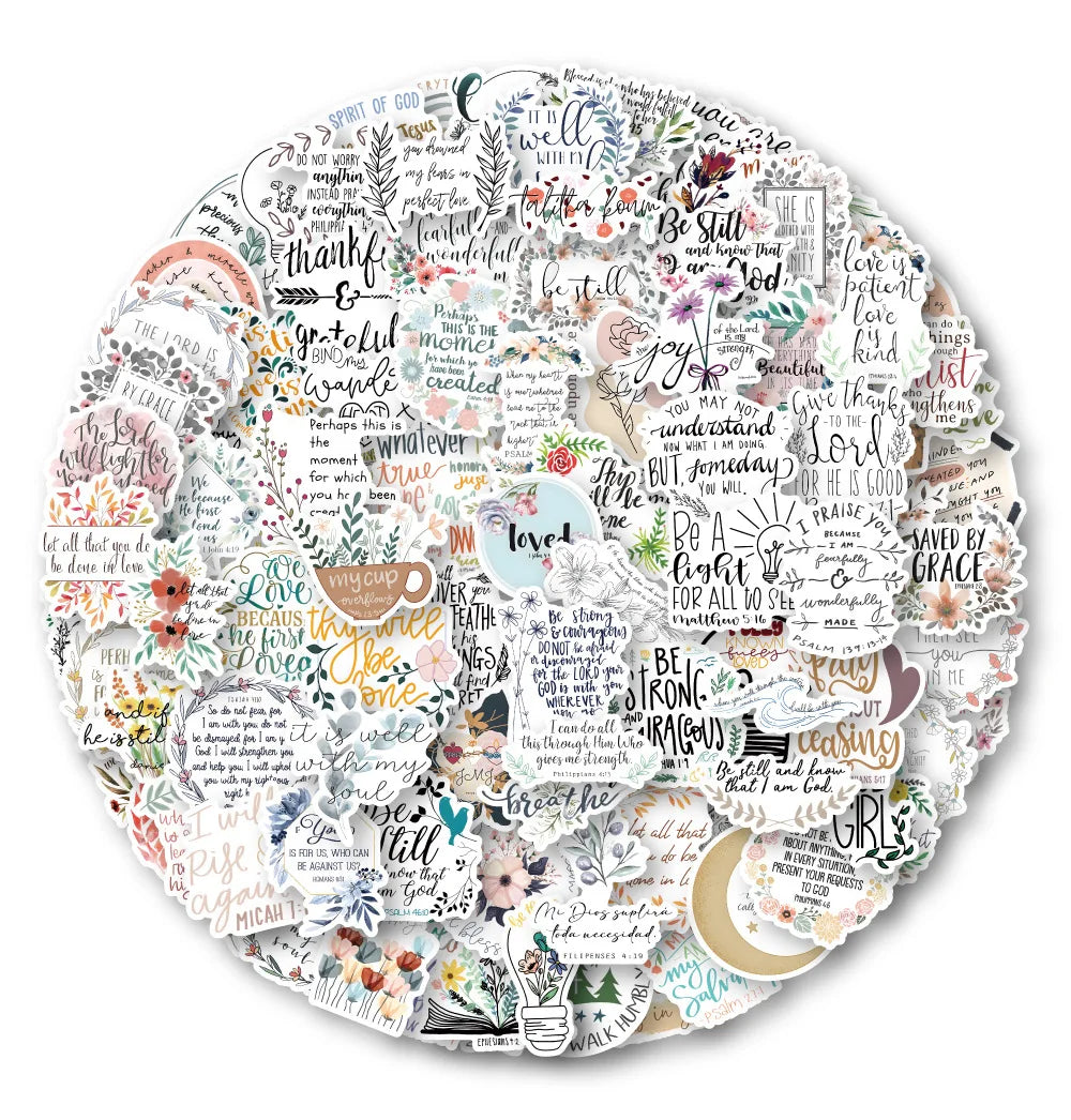 A circular arrangement of inspirational Bible verses and quotes printed on stickers.
