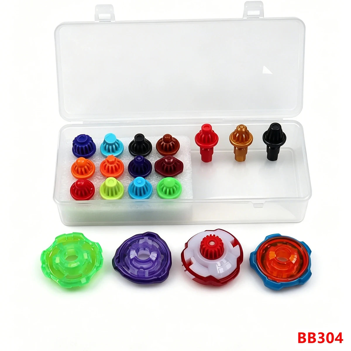 A clear plastic storage box containing various colored spinning tops and a separate set of colorful tops.