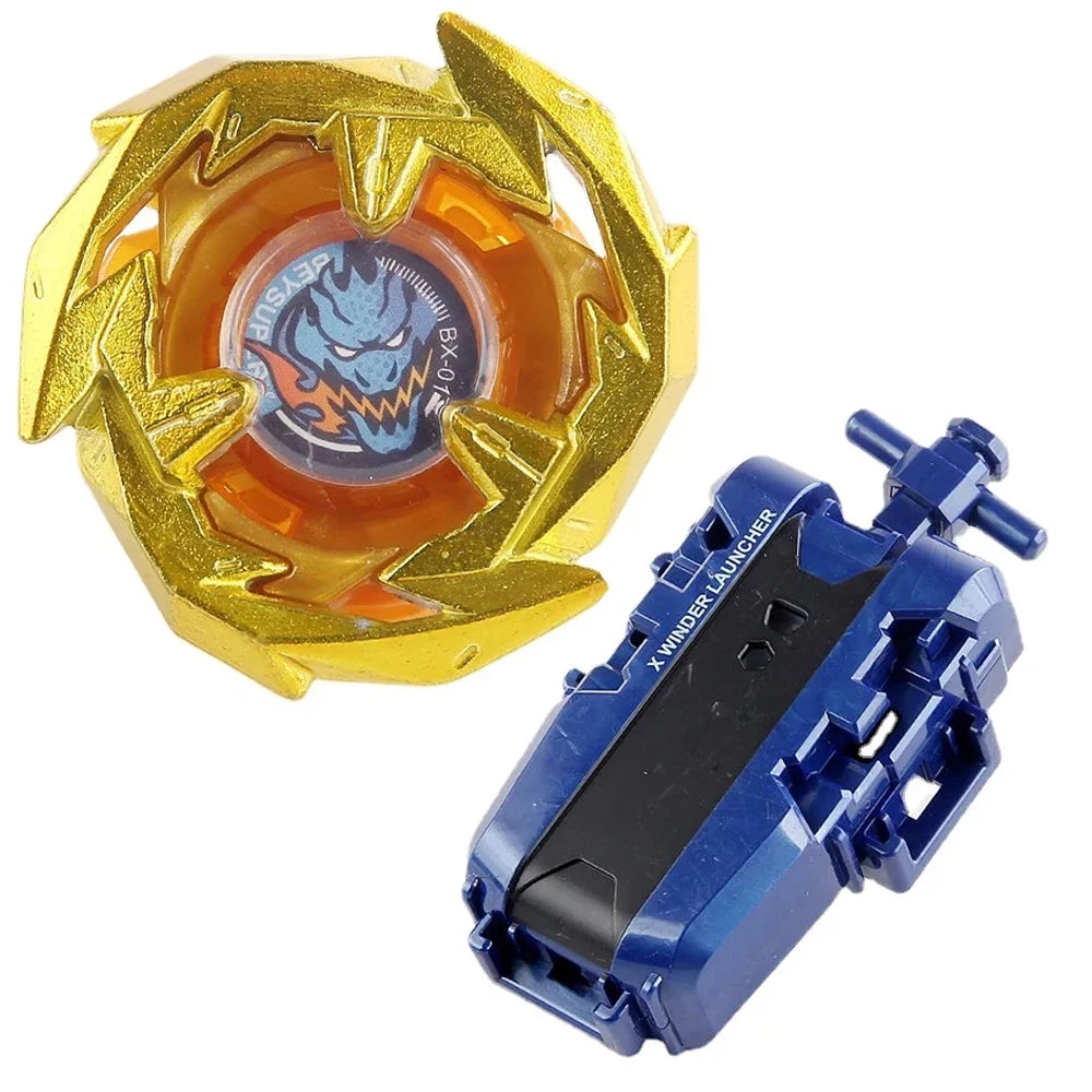 A Beyblade starter set featuring a gold phoenix wing and an orange drumsword component.