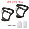 Two clear protective face masks with anti-fog shields and silicone seals plus twenty filters for air purification