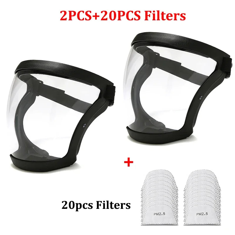 Two clear protective face masks with anti-fog shields and silicone seals plus twenty filters for air purification
