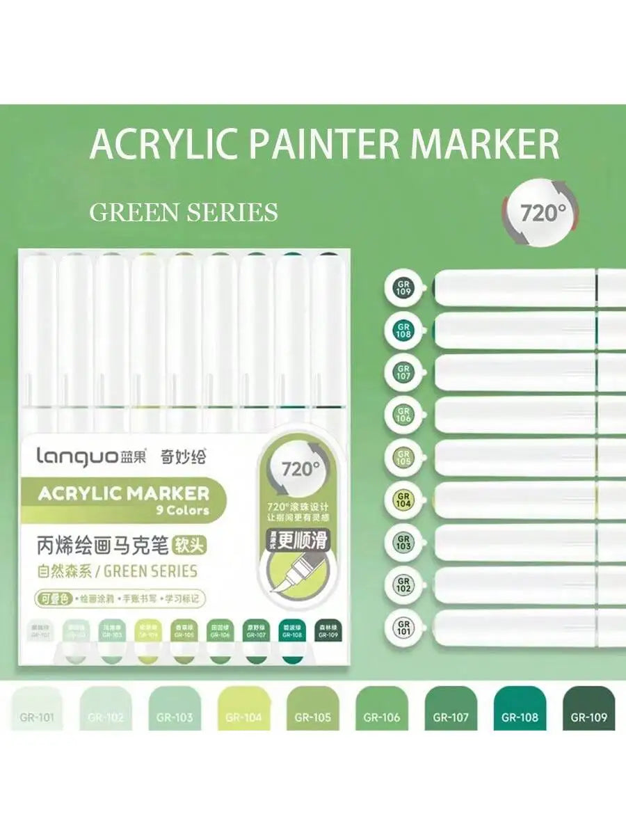 A set of 9 color acrylic paint markers in the green series with 720 degree tips.