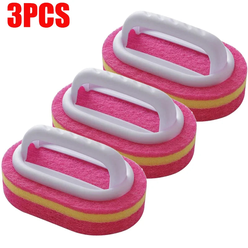 Three pink and yellow multipurpose sponge cleaning brushes with white handles